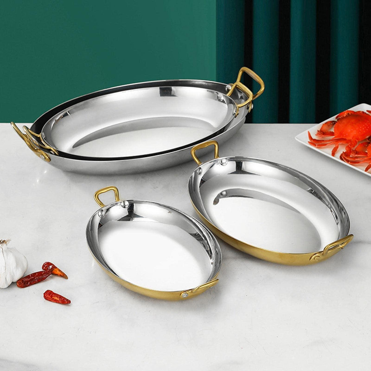UGCER Oval Spanish Paella Pan - Stainless Steel Seafood Lobster Plate Non Stick Uncoated with Dual Handle for Homes Or Restaurants (Silver,40cm)