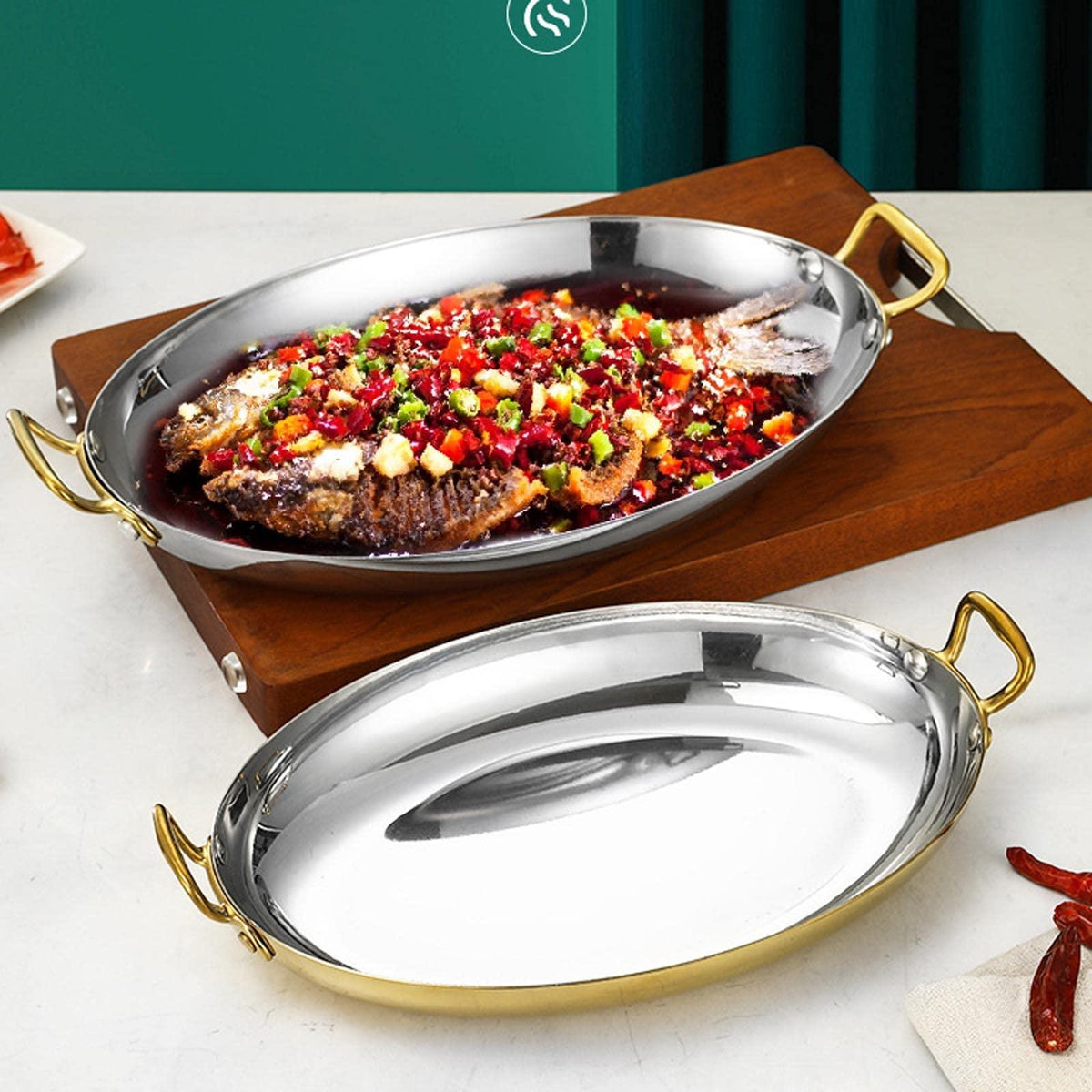 UGCER Oval Spanish Paella Pan - Stainless Steel Seafood Lobster Plate Non Stick Uncoated with Dual Handle for Homes Or Restaurants (Silver,40cm)