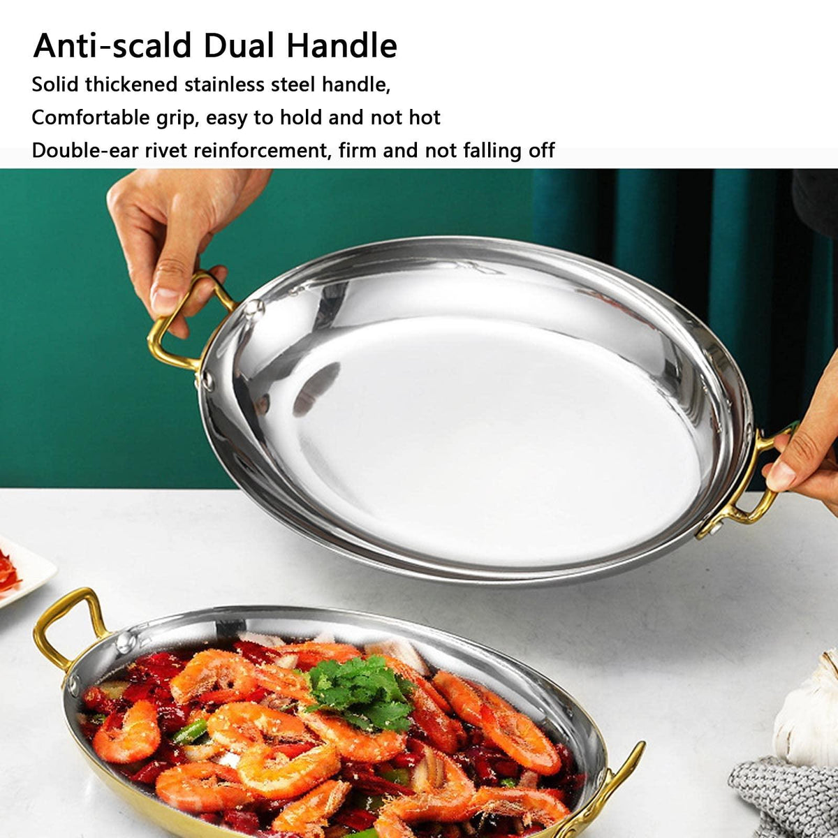 UGCER Oval Spanish Paella Pan - Stainless Steel Seafood Lobster Plate Non Stick Uncoated with Dual Handle for Homes Or Restaurants (Silver,40cm)