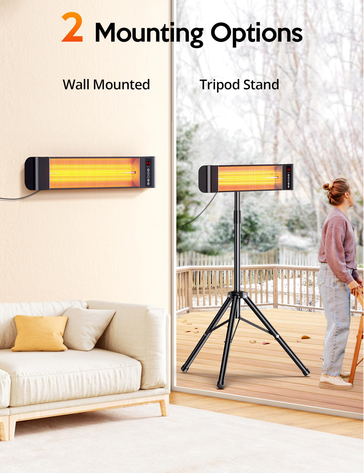 VAGKRI Outdoor Heaters, Electric Infrared Patio Heater with Remote and 12H Timer, IP65 Waterproof, 3 Heat Levels, Wall Mount or Tripod Stand for Home, Office, Patio, Garage