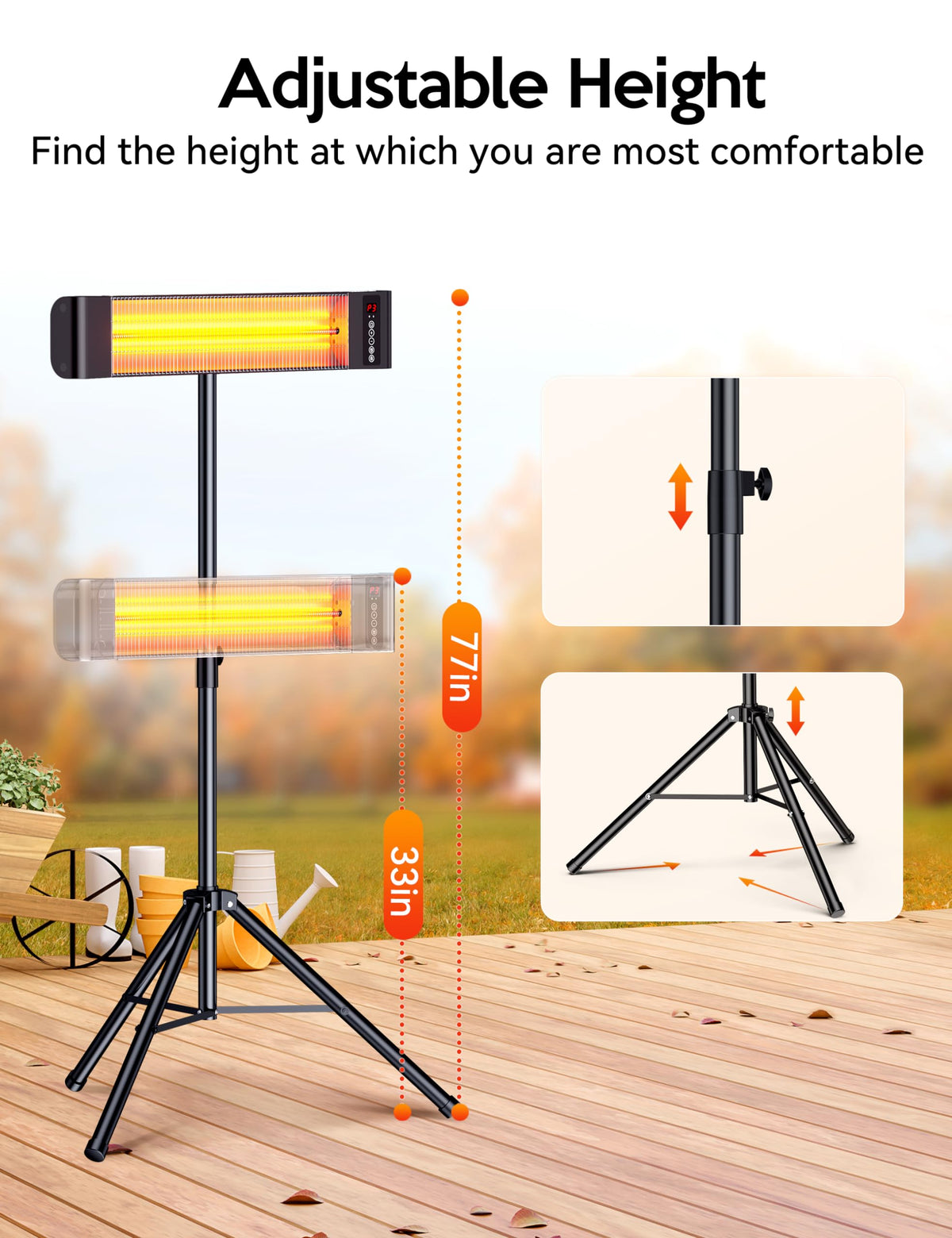 VAGKRI Outdoor Heaters, Electric Infrared Patio Heater with Remote and 12H Timer, IP65 Waterproof, 3 Heat Levels, Wall Mount or Tripod Stand for Home, Office, Patio, Garage