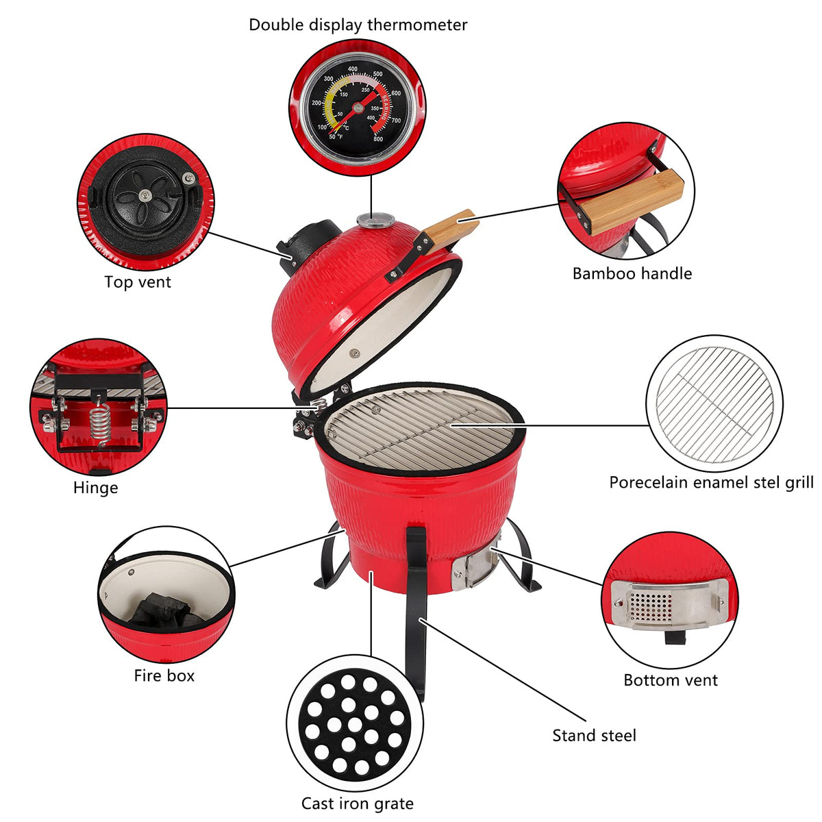 Vasitelan Ceramic Grill,13 inch Portable Ceramics Charcoal Barbecue Grill,Kamado BBQ Charcoal Grill (Orange)