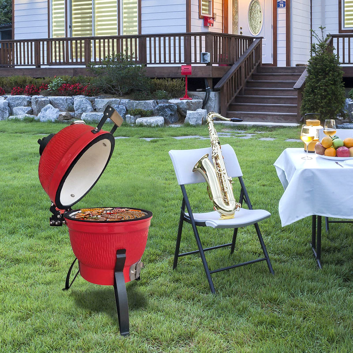 Vasitelan Ceramic Grill,13 inch Portable Ceramics Charcoal Barbecue Grill,Kamado BBQ Charcoal Grill (Orange)