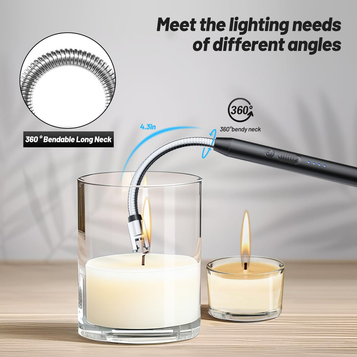 VEHHE Electric Lighter with 360° Flexible Neck, Flameless Windproof Long Candle Lighter with Led Battery Display, USB C Rechargeable with Hanging Hook for Gifts BBQ Fireworks (Black)