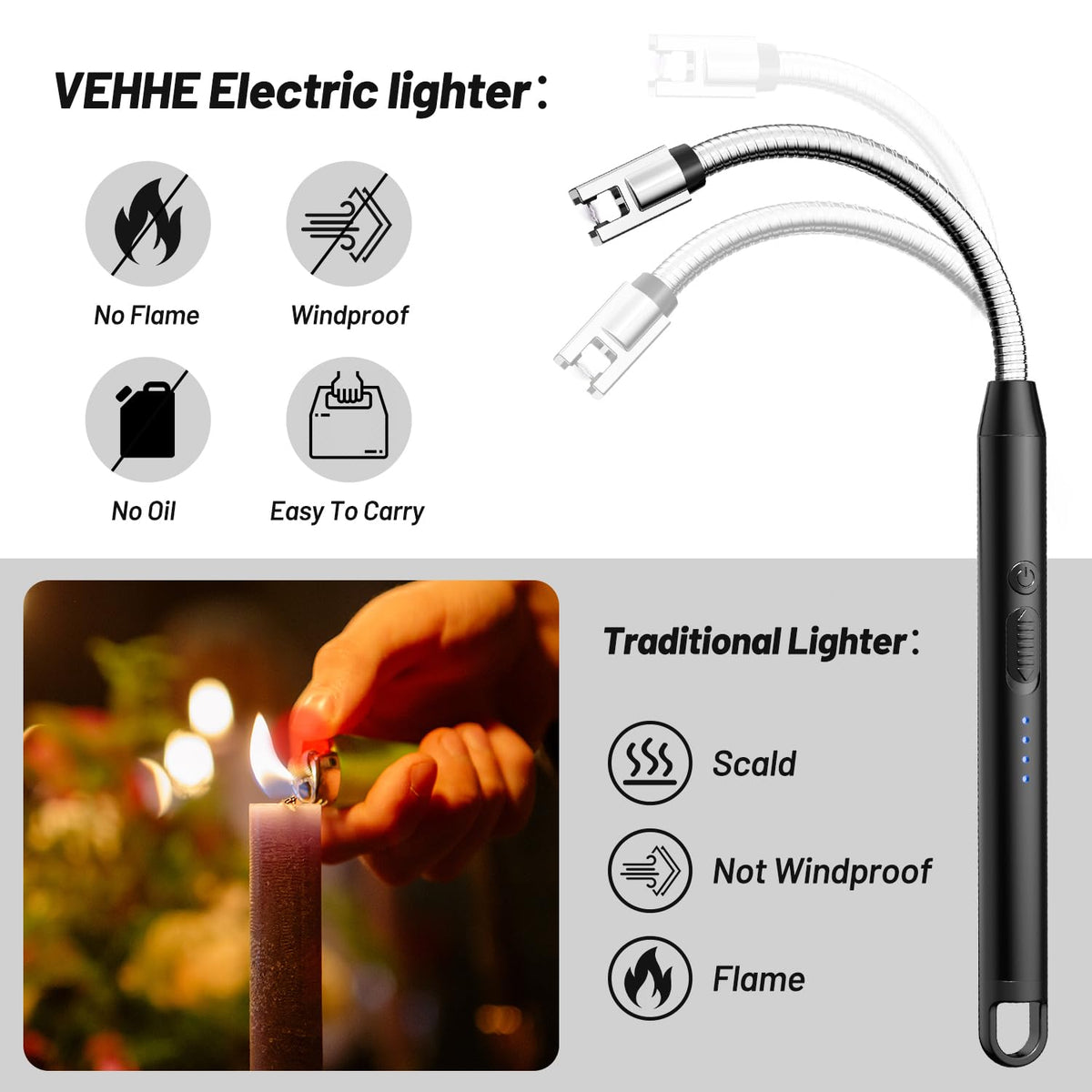 VEHHE Electric Lighter with 360° Flexible Neck, Flameless Windproof Long Candle Lighter with Led Battery Display, USB C Rechargeable with Hanging Hook for Gifts BBQ Fireworks (Black)