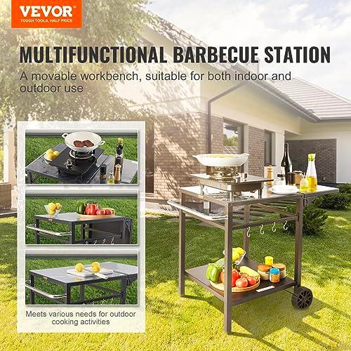 VEVOR Outdoor Grill Dining Cart with Double-Shelf, BBQ Movable Food Prep Table, Multifunctional Foldable Iron Table Top, Portable Modular Carts for Pizza Oven, Worktable with 2 Wheels, Carry Handle