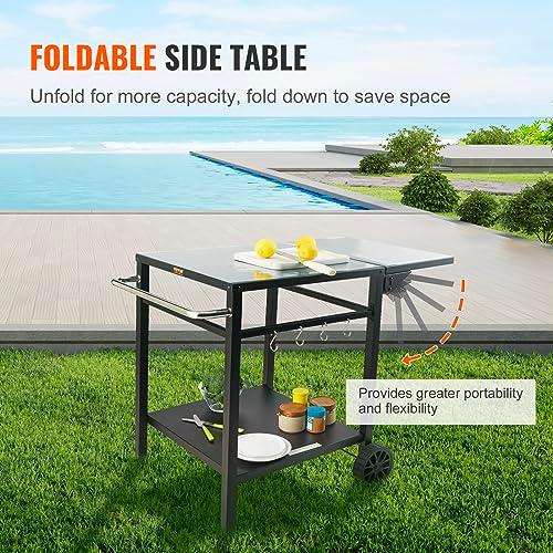VEVOR Outdoor Grill Dining Cart with Double-Shelf, BBQ Movable Food Prep Table, Multifunctional Foldable Iron Table Top, Portable Modular Carts for Pizza Oven, Worktable with 2 Wheels, Carry Handle