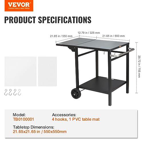 VEVOR Outdoor Grill Dining Cart with Double-Shelf, BBQ Movable Food Prep Table, Multifunctional Foldable Iron Table Top, Portable Modular Carts for Pizza Oven, Worktable with 2 Wheels, Carry Handle