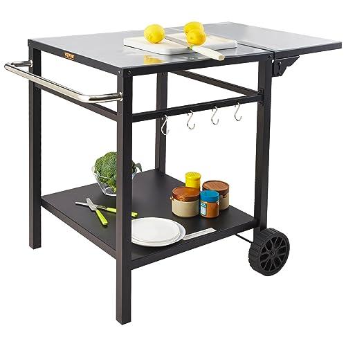VEVOR Outdoor Grill Dining Cart with Double-Shelf, BBQ Movable Food Prep Table, Multifunctional Foldable Iron Table Top, Portable Modular Carts for Pizza Oven, Worktable with 2 Wheels, Carry Handle