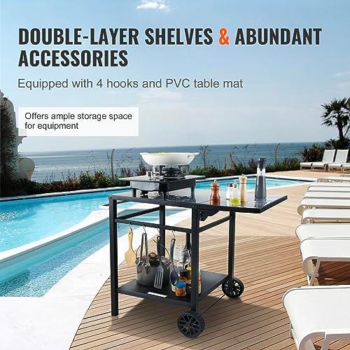 VEVOR Outdoor Grill Dining Cart with Double-Shelf, BBQ Movable Food Prep Table, Multifunctional Foldable Iron Table Top, Portable Modular Carts for Pizza Oven, Worktable with 2 Wheels, Carry Handle
