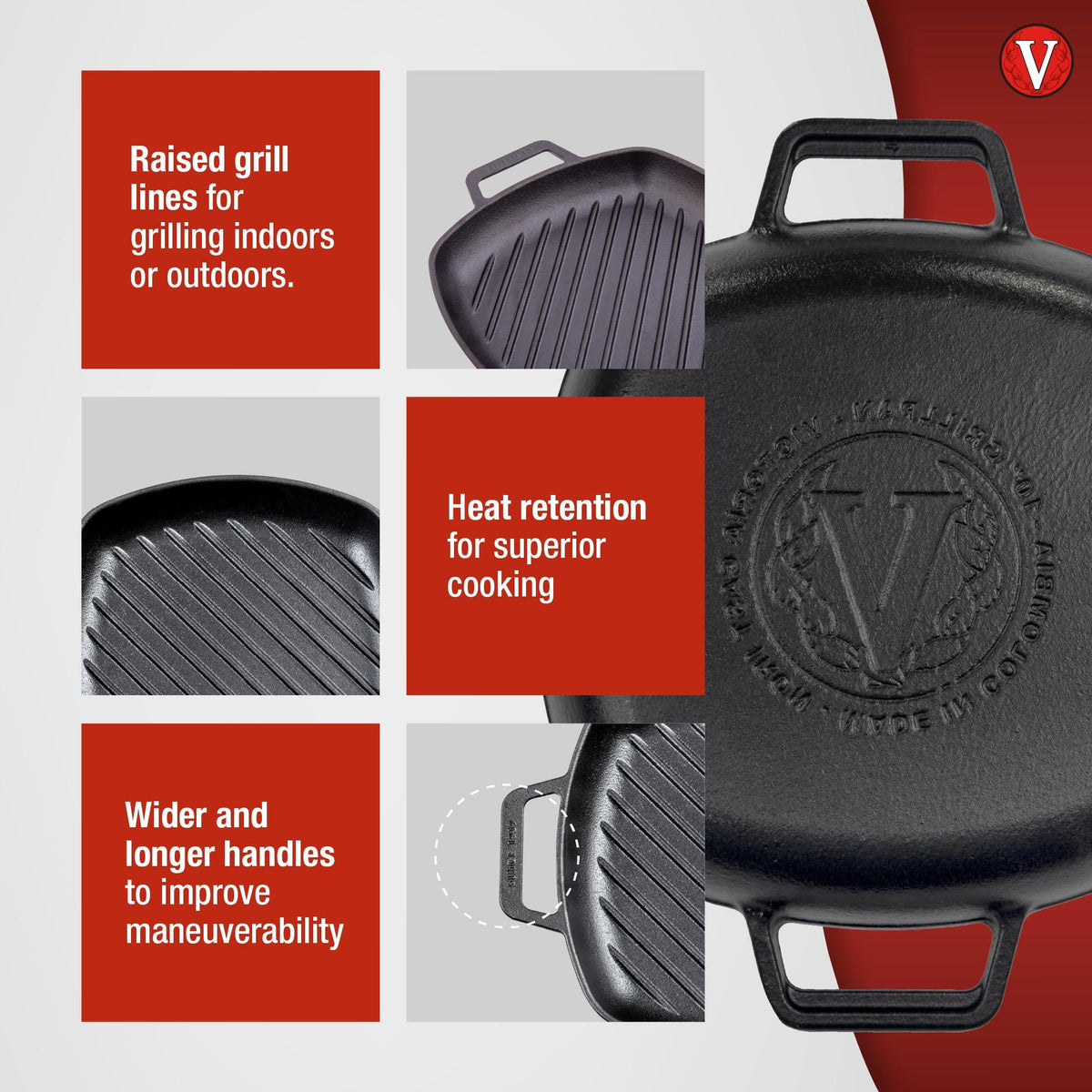 Victoria Cast Iron Round Grill Pan with Double Loop Handles, Made in Colombia, 10 Inches