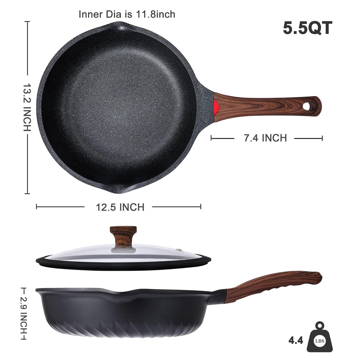 Vinchef Nonstick Deep Frying Pan Saute Pan with Lid, 12in/5.5Qt Fry Pan, German 3C+ Ceramic Coating Technology, Heat Indicator, Induction Compatible