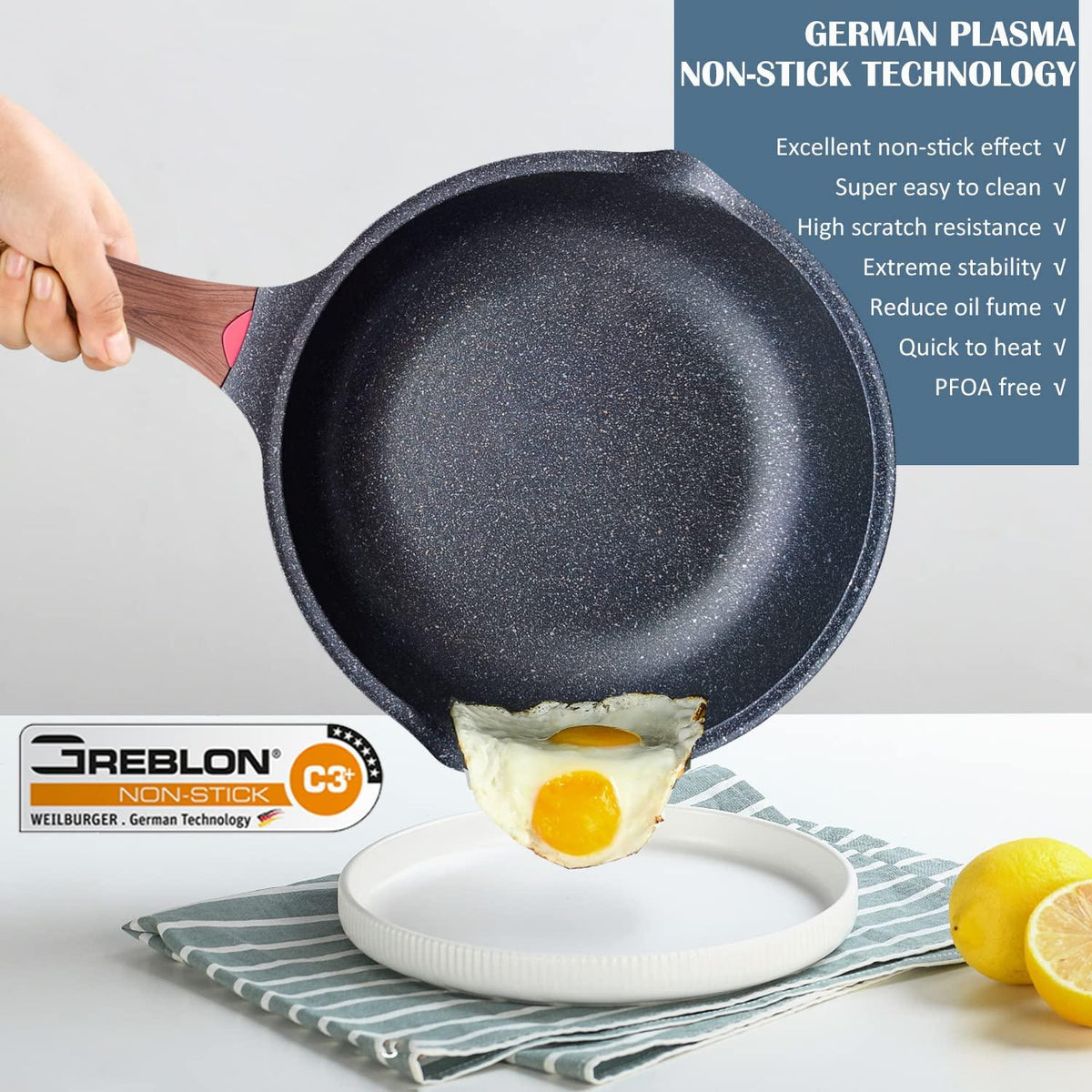 Vinchef Nonstick Deep Frying Pan Saute Pan with Lid, 12in/5.5Qt Fry Pan, German 3C+ Ceramic Coating Technology, Heat Indicator, Induction Compatible