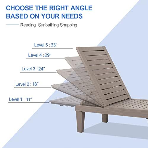 VINGLI Outdoor Chaise Lounge, Wood Texture Design with 5-Level Adjustable Backrest, Waterproof Durable Folding Chair, PP Material Patio Chair for Beach, Backyard, Pool, Gray-Brown …