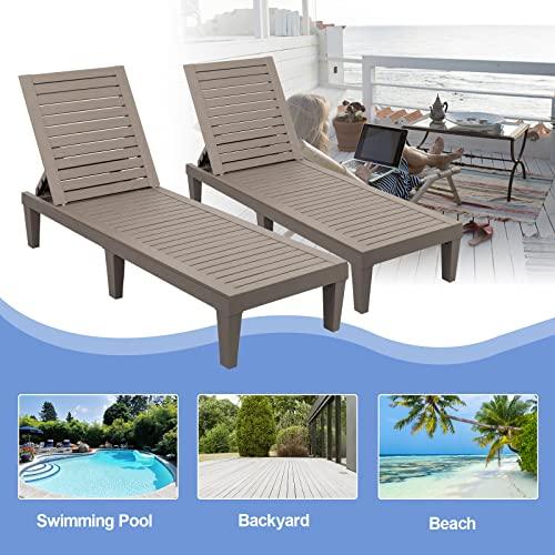 VINGLI Outdoor Chaise Lounge, Wood Texture Design with 5-Level Adjustable Backrest, Waterproof Durable Folding Chair, PP Material Patio Chair for Beach, Backyard, Pool, Gray-Brown …