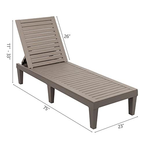 VINGLI Outdoor Chaise Lounge, Wood Texture Design with 5-Level Adjustable Backrest, Waterproof Durable Folding Chair, PP Material Patio Chair for Beach, Backyard, Pool, Gray-Brown …