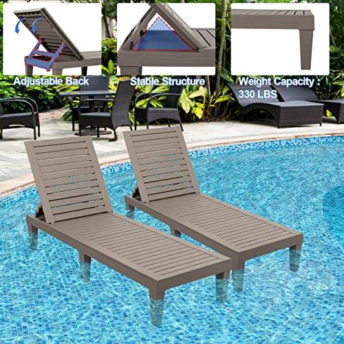 VINGLI Outdoor Chaise Lounge, Wood Texture Design with 5-Level Adjustable Backrest, Waterproof Durable Folding Chair, PP Material Patio Chair for Beach, Backyard, Pool, Gray-Brown …