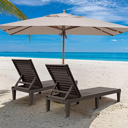VINGLI Outdoor Chaise Lounge, Wood Texture Design with 5-Level Adjustable Backrest, Waterproof Durable Folding Chair, PP Material Patio Chair for Beach, Backyard, Pool, Gray-Brown …