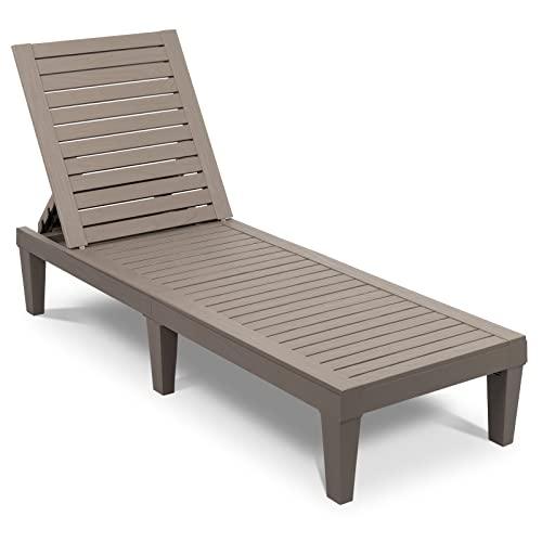 VINGLI Outdoor Chaise Lounge, Wood Texture Design with 5-Level Adjustable Backrest, Waterproof Durable Folding Chair, PP Material Patio Chair for Beach, Backyard, Pool, Gray-Brown …