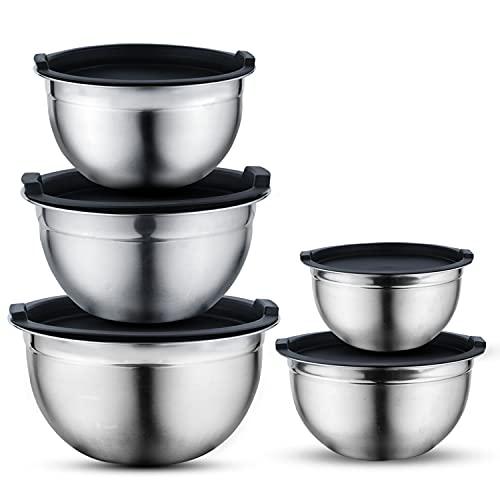 Vinod Mixing Bowls with Lids - Set of 5 Stainless Steel Nesting Bowl | Meal Prep Bowls | Mix & Serve | Flat Bottom & Stackable | Heavy Duty, Easy to Clean, Space Saving, Cooking, Prepping | Black Lids