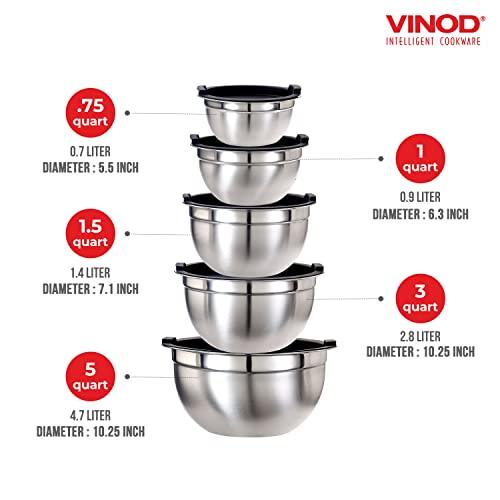 Vinod Mixing Bowls with Lids - Set of 5 Stainless Steel Nesting Bowl | Meal Prep Bowls | Mix & Serve | Flat Bottom & Stackable | Heavy Duty, Easy to Clean, Space Saving, Cooking, Prepping | Black Lids