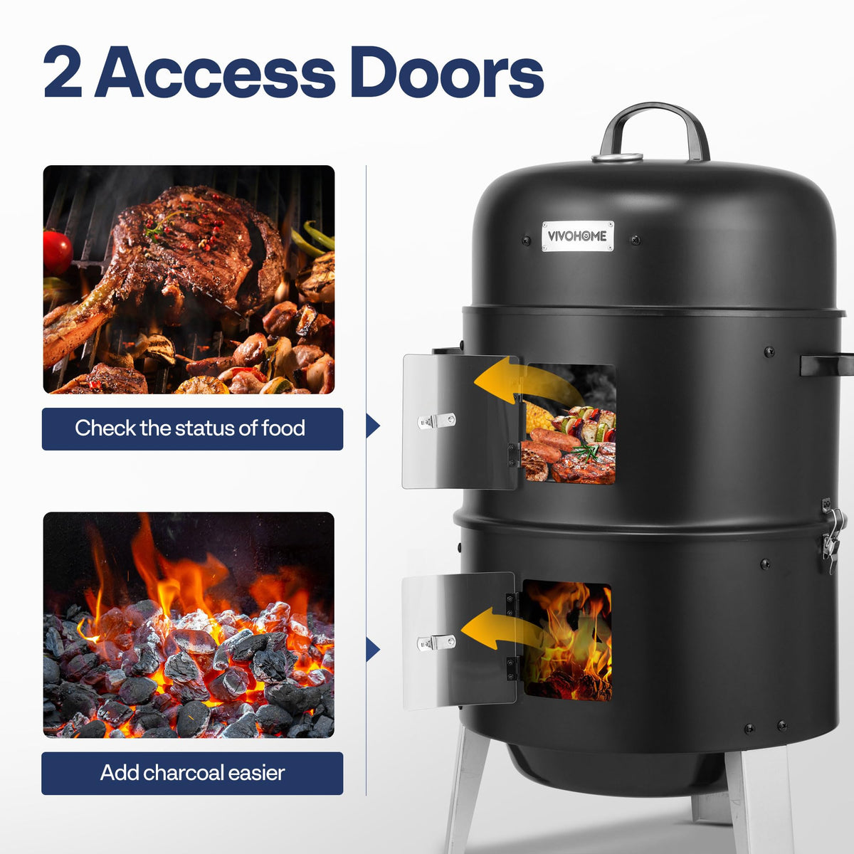 VIVOHOME 3-in-1 Vertical Charcoal Smoker, BBQ Smoker Grill with Built-in Thermometer, Air Vent, and 2 Access Doors, Idea for Parties, Backyard, Barbecues