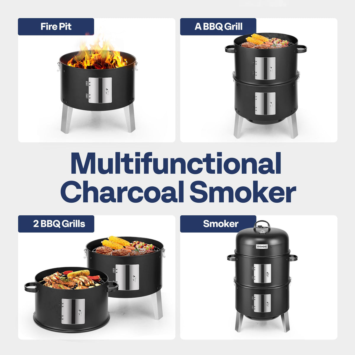 VIVOHOME 3-in-1 Vertical Charcoal Smoker, BBQ Smoker Grill with Built-in Thermometer, Air Vent, and 2 Access Doors, Idea for Parties, Backyard, Barbecues