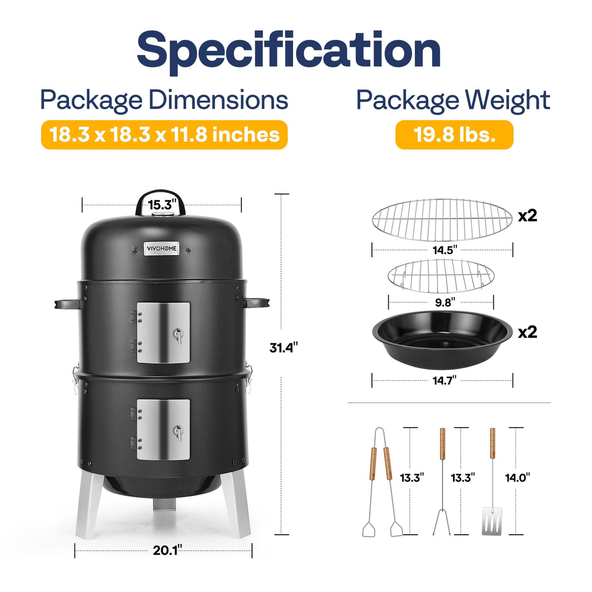 VIVOHOME 3-in-1 Vertical Charcoal Smoker, BBQ Smoker Grill with Built-in Thermometer, Air Vent, and 2 Access Doors, Idea for Parties, Backyard, Barbecues