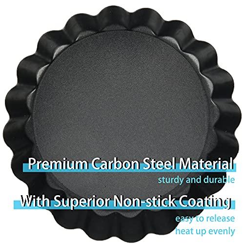 Vnray Mini Tart Pans with Removable Bottom 4 inch Set of 10, Non-stick Round Quiche Pan Heavy Duty Carbon Steel for Mousse Cakes, Christmas Dessert Baking with Silicone Scrubber