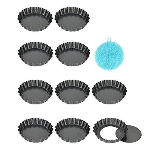 Vnray Mini Tart Pans with Removable Bottom 4 inch Set of 10, Non-stick Round Quiche Pan Heavy Duty Carbon Steel for Mousse Cakes, Christmas Dessert Baking with Silicone Scrubber