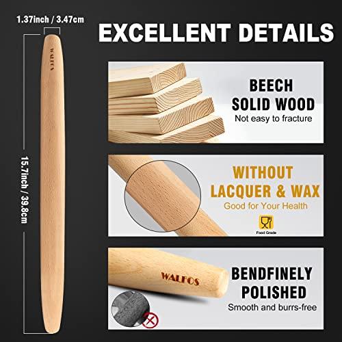 WALFOS French Rolling Pin for Baking, 15.7 Inch Natural Beech Wood Rolling Pins, Kitchen Dough Roller for Fondant, Pizza, Pie, Cookie and Pastry