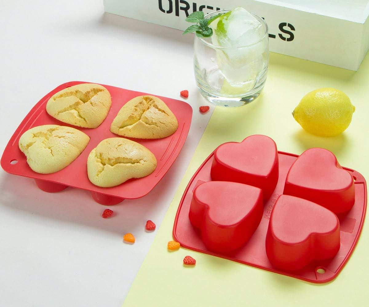Webake Silicone Heart Mold Heart Shaped Small Cake Pans Muffin Cupcake Mold Tray for Valentine Day Baking, Jelly Pudding Jello Soap Bath Bombs 4 Cavity, 2 Pack
