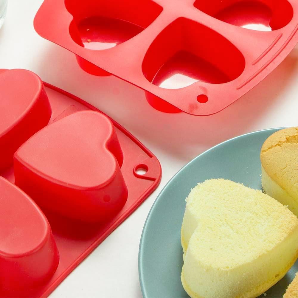 Webake Silicone Heart Mold Heart Shaped Small Cake Pans Muffin Cupcake Mold Tray for Valentine Day Baking, Jelly Pudding Jello Soap Bath Bombs 4 Cavity, 2 Pack