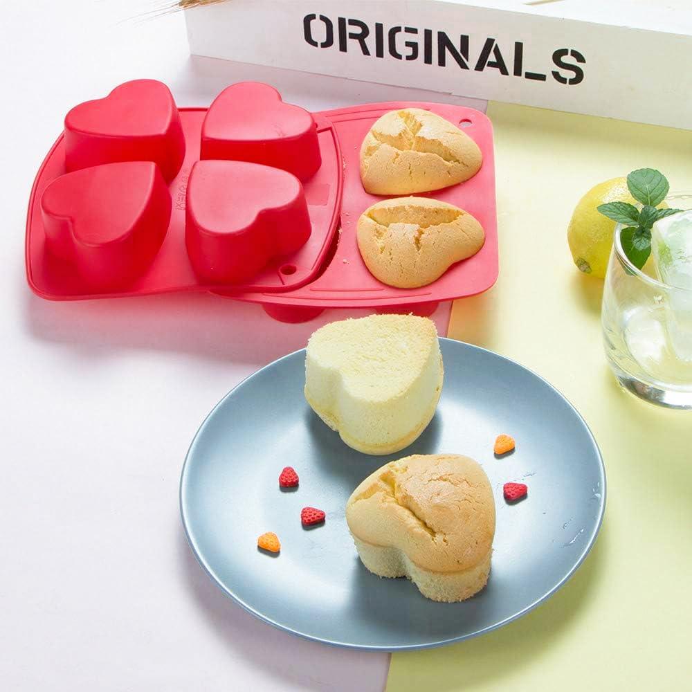 Webake Silicone Heart Mold Heart Shaped Small Cake Pans Muffin Cupcake Mold Tray for Valentine Day Baking, Jelly Pudding Jello Soap Bath Bombs 4 Cavity, 2 Pack