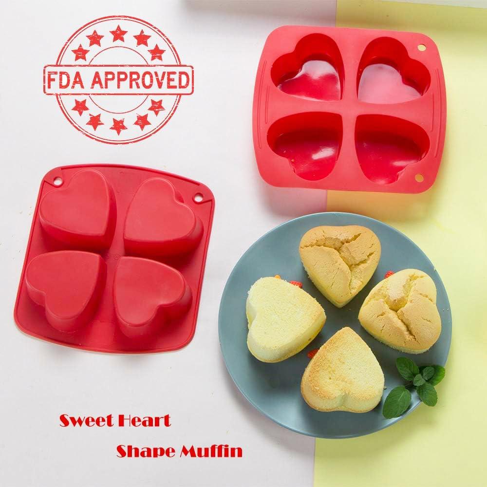 Webake Silicone Heart Mold Heart Shaped Small Cake Pans Muffin Cupcake Mold Tray for Valentine Day Baking, Jelly Pudding Jello Soap Bath Bombs 4 Cavity, 2 Pack