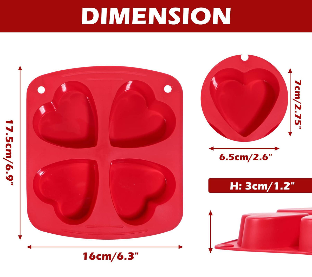 Webake Silicone Heart Mold Heart Shaped Small Cake Pans Muffin Cupcake Mold Tray for Valentine Day Baking, Jelly Pudding Jello Soap Bath Bombs 4 Cavity, 2 Pack