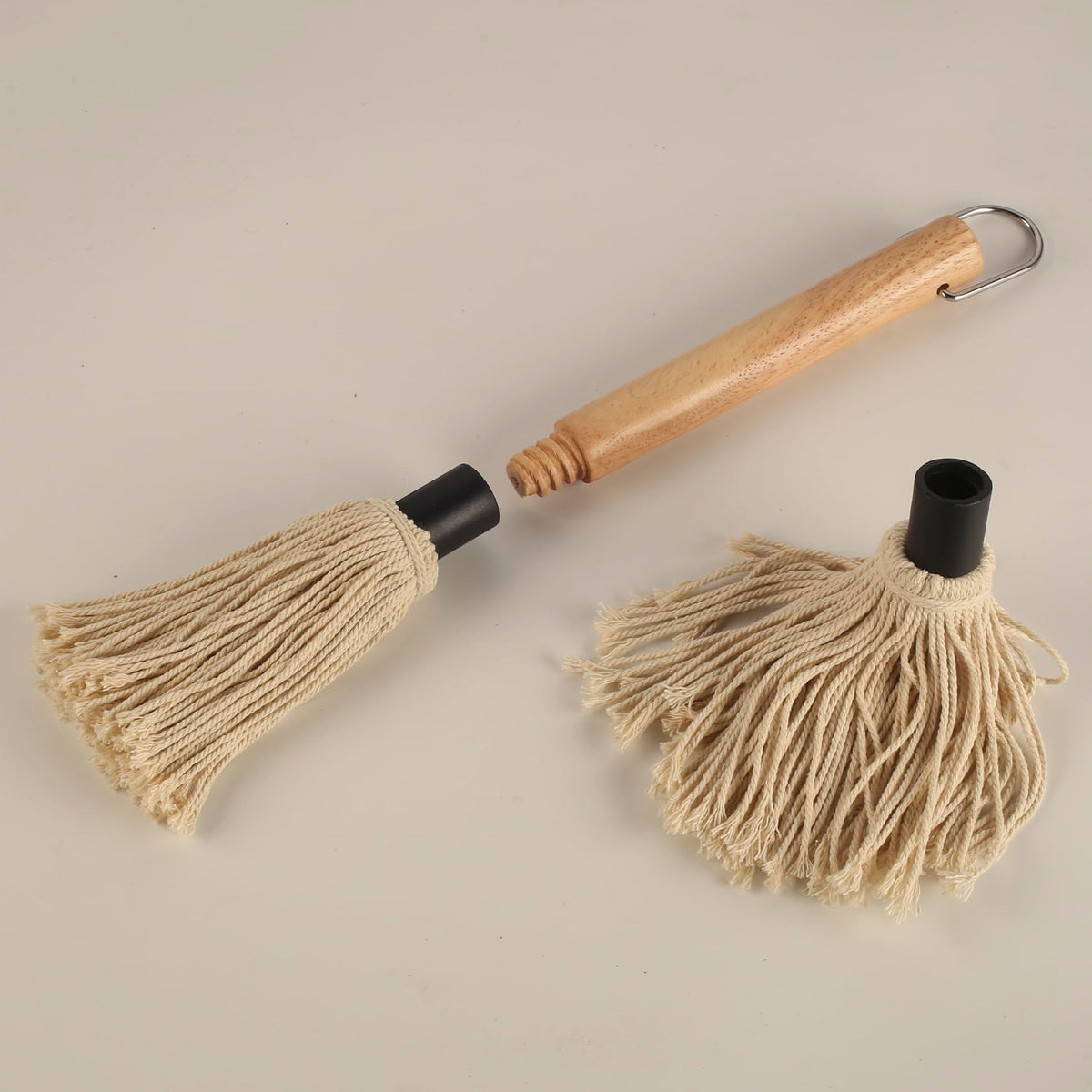 WHTCHSU 11.2 Inch Grill Basting Mop Wooden Long Handle with 1 Extra Replacement Heads for BBQ Grilling Smoking Steak