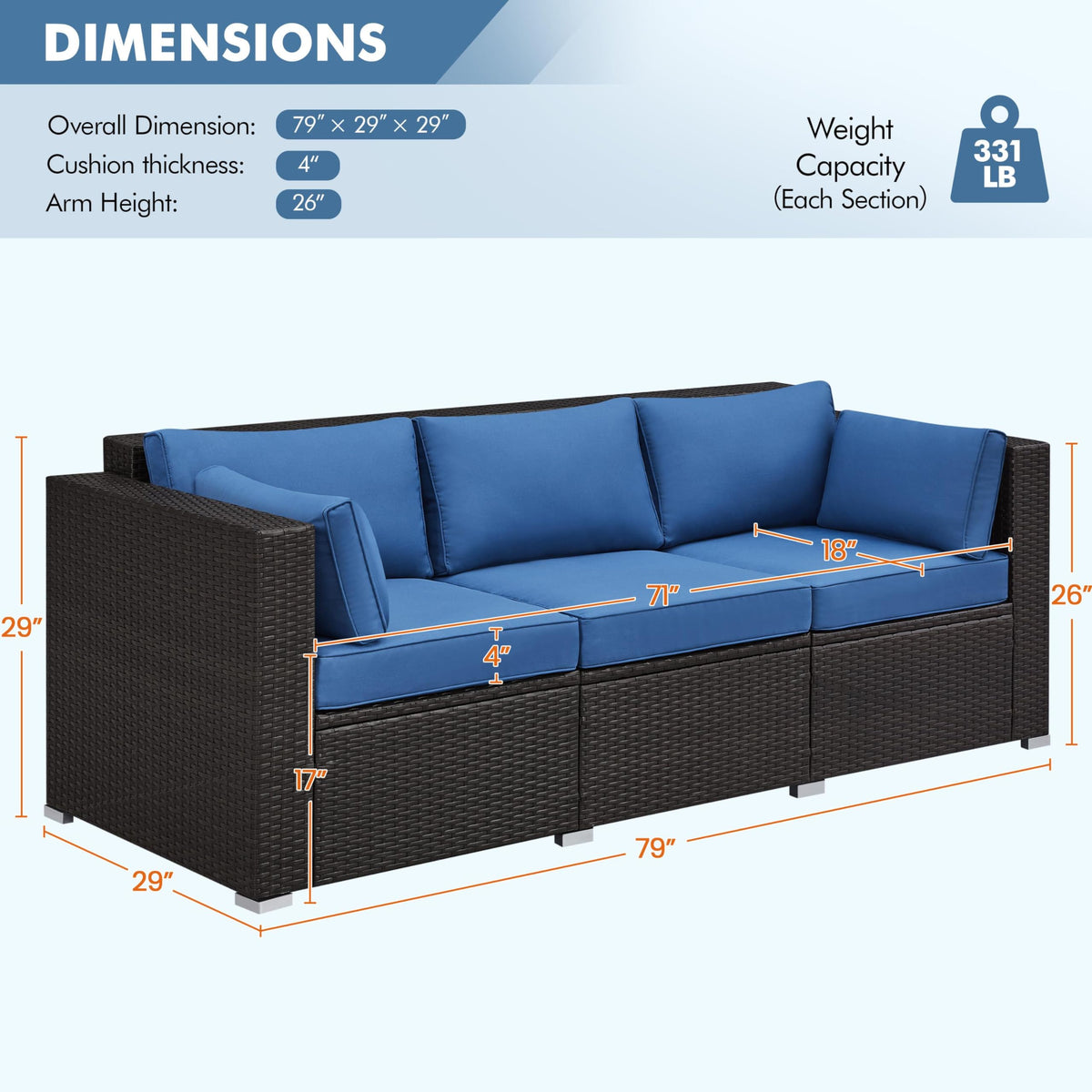 Yaheetech 3-Seat Patio Wicker Sofa, Outdoor Rattan Couch with Furniture Cover, Deep Seat High Back with Cushions & Throw Pillows for Deck/Porch/Balcony/Yard, Brown/Dark Blue