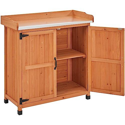 Yaheetech Garden Potting Bench Table - Outdoor Garden Patio Wooden Storage Cabinet & Solid Wood Planting Work Bench with Large Space Storage & Metal-Plated Tabletop, Brown