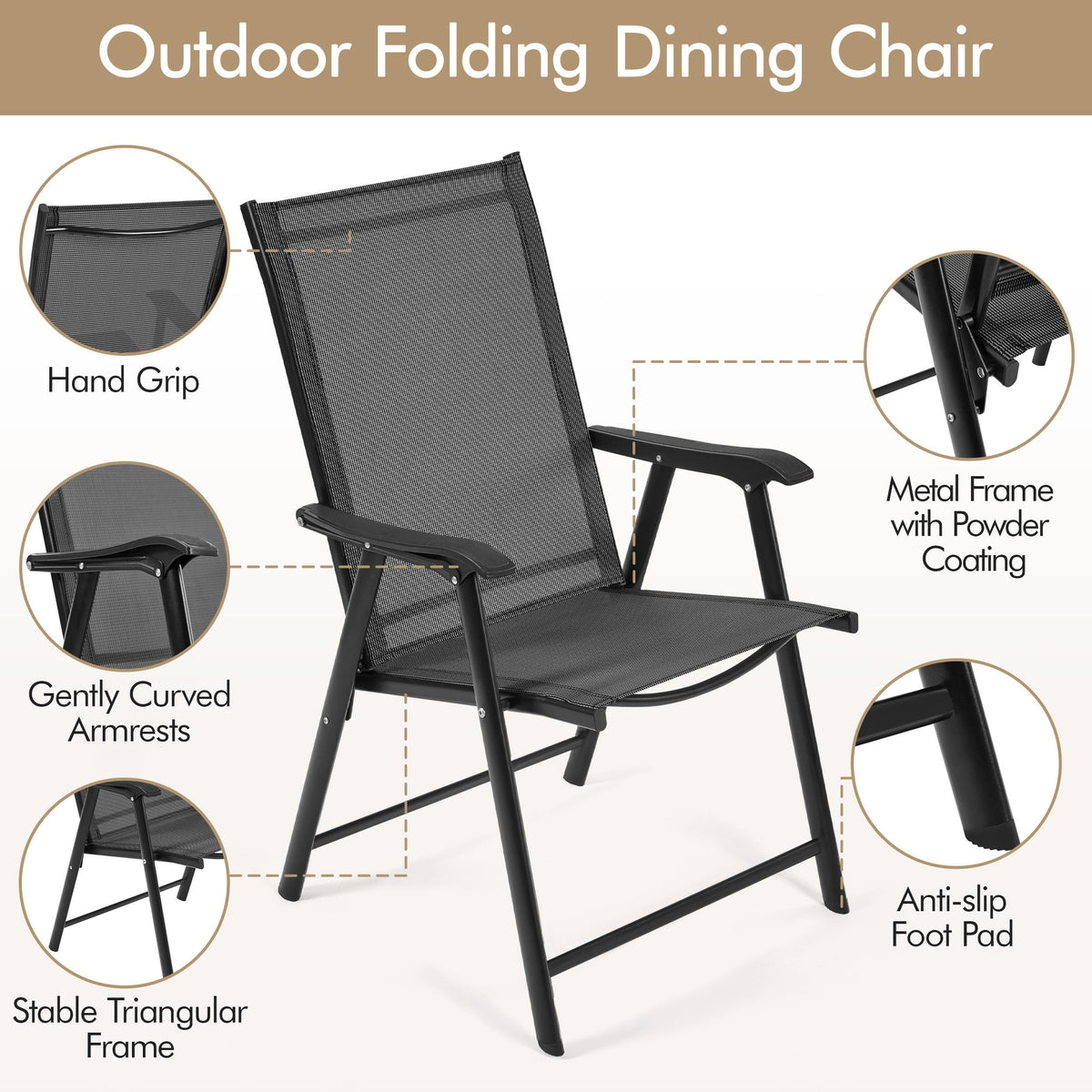 Yaheetech Patio Dining Chairs Set of 4 with Armrests, Outdoor Folding Chairs with Metal Frame and Backrest for Lawn, Garden, Yard and Poolside, Black