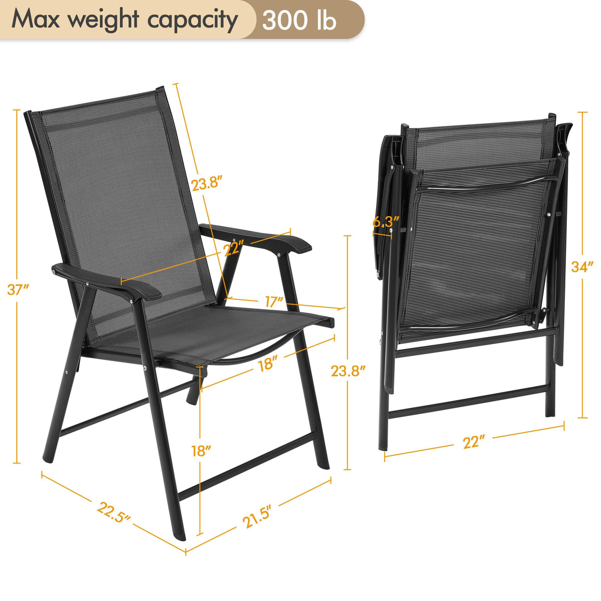 Yaheetech Patio Dining Chairs Set of 4 with Armrests, Outdoor Folding Chairs with Metal Frame and Backrest for Lawn, Garden, Yard and Poolside, Black