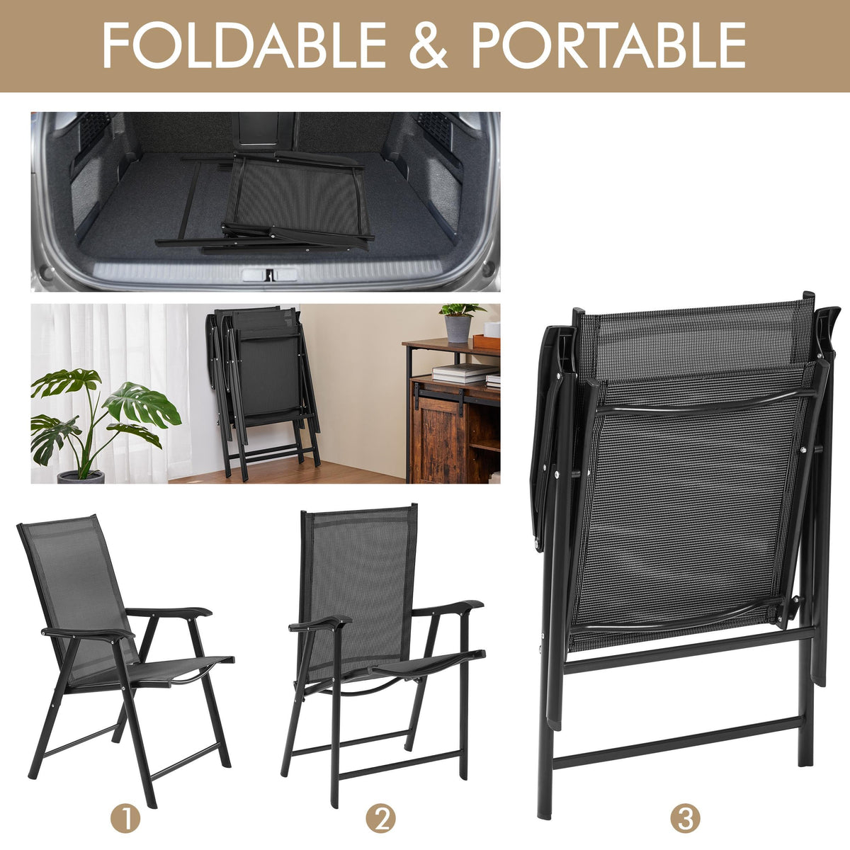 Yaheetech Patio Dining Chairs Set of 4 with Armrests, Outdoor Folding Chairs with Metal Frame and Backrest for Lawn, Garden, Yard and Poolside, Black