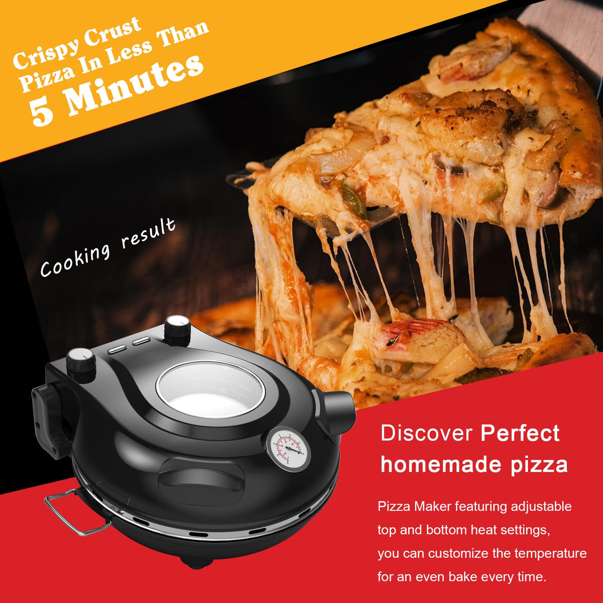 YIBAKE Stone Pizza Oven, 12'' Indoor Electric Pizza Maker, 1200W Countertop Pizza Maker Machine with Dual Temp Control, Crispy Crust Pizzas in Minutes, Black