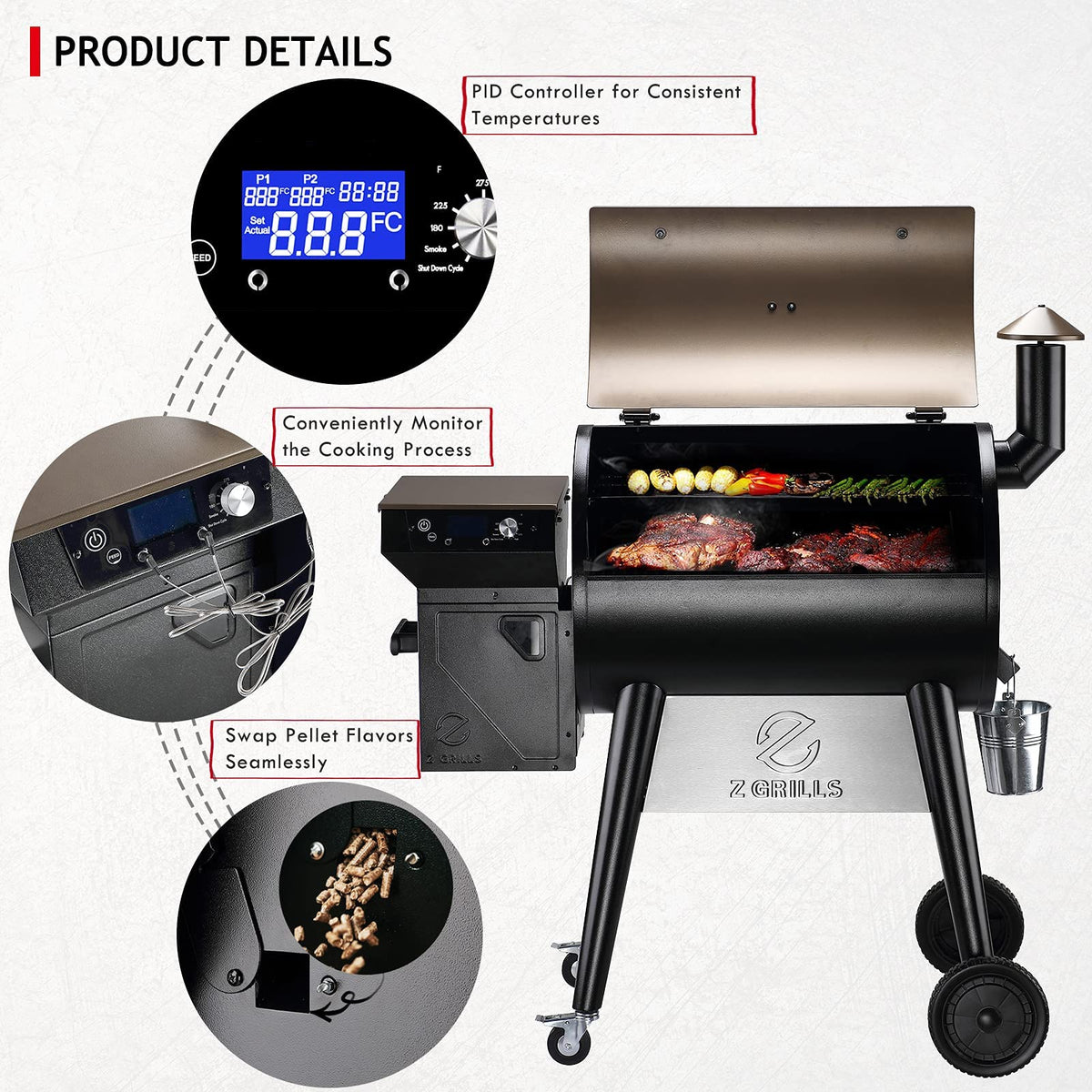Z GRILLS Upgrade 8 in 1 Wood Pellet Grill & Smoker for Outdoor Cooking, BBQ Grill with PID 2.0 Controller, LCD Screen, 697 sq, Meat Probes, Rain Cover